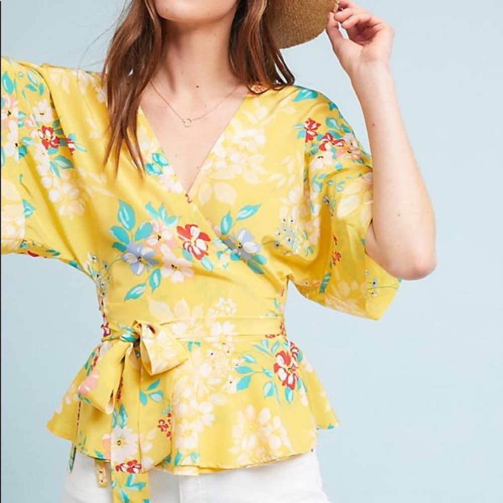 Yumi Kim Silk Yellow Floral Wrap Kimono Top